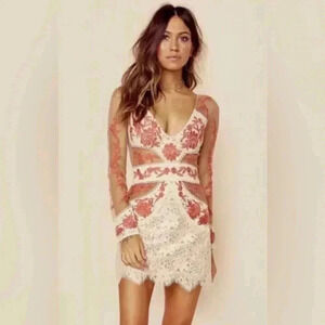 For Love & Lemons Mallorca Tulle Floral Lace Mini Dress Sheer Nude Embroidered